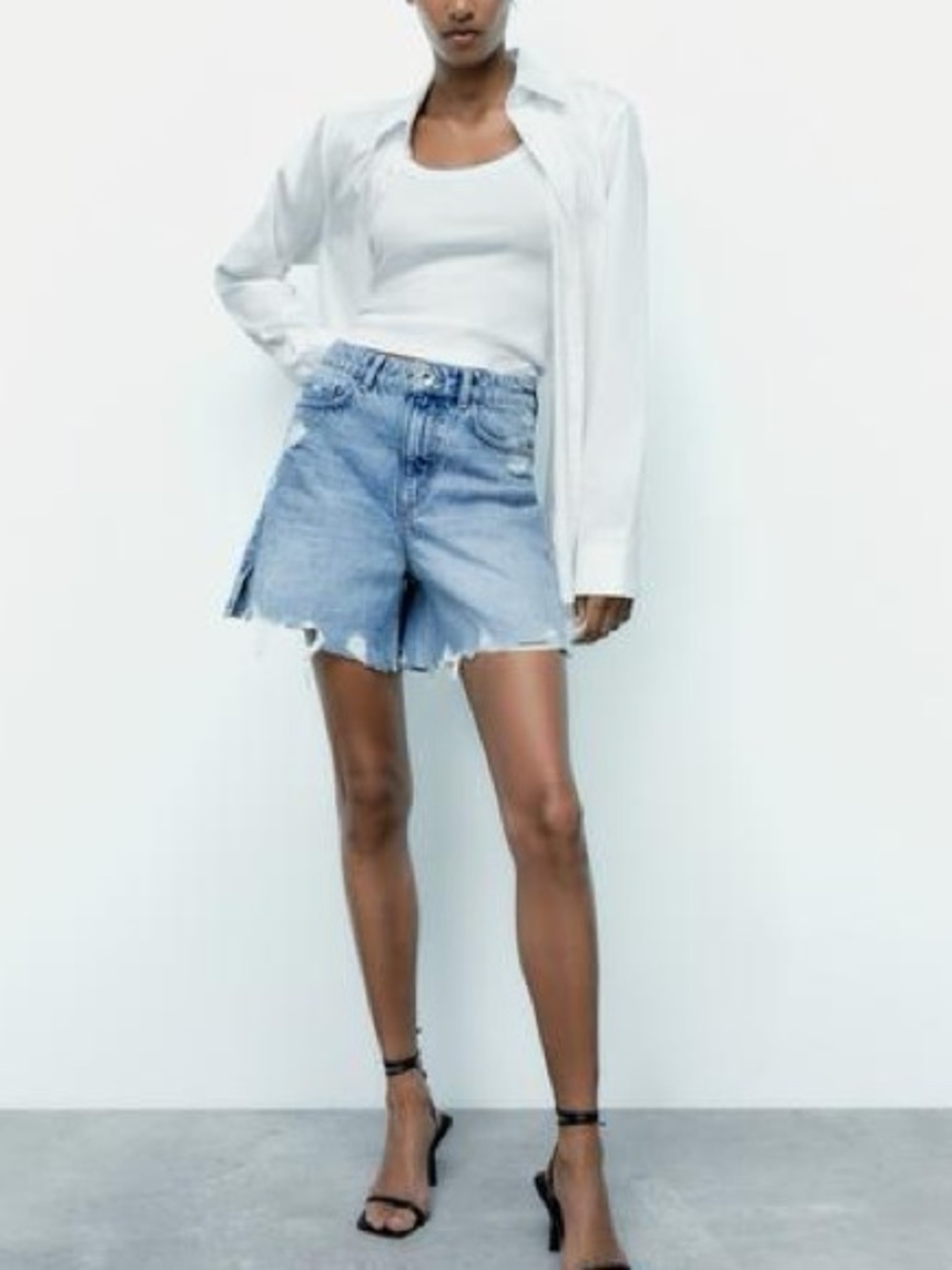 Zara Mid-Blue High-Waist Distressed Denim Shorts